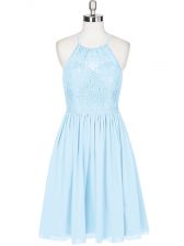 Dynamic Light Blue A-line Lace Evening Dress Backless Chiffon Sleeveless Mini Length