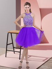  Purple Prom and Party with Beading Halter Top Sleeveless Backless