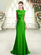  Green Cap Sleeves Beading and Lace Backless 