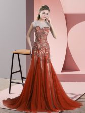 High Class Rust Red Sleeveless Beading Backless Prom Dresses