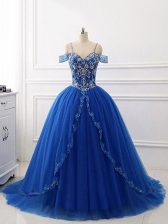  Brush Train Ball Gowns Quinceanera Gown Royal Blue Off The Shoulder Tulle Sleeveless Lace Up
