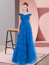 Ideal Sleeveless Floor Length Lace Up in Blue with Beading