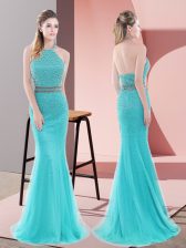 Elegant Backless Prom Evening Gown Aqua Blue for Prom and Party with Beading Sweep Train