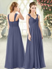  Floor Length Blue Prom Gown Straps Sleeveless Zipper