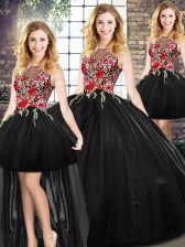  Scoop Sleeveless Zipper Embroidery Quinceanera Gowns in Black