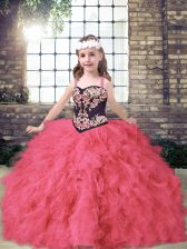 Elegant Coral Red Ball Gowns Straps Sleeveless Tulle Floor Length Lace Up Embroidery and Ruffles Little Girls Pageant Gowns