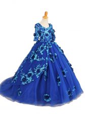 Unique Blue Winning Pageant Gowns Tulle Brush Train Half Sleeves Beading and Appliques