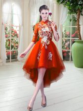  High Low Zipper Dress for Prom Orange Red for Prom and Party with Appliques