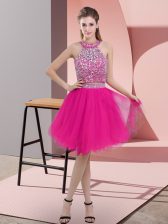 Amazing Organza Halter Top Sleeveless Backless Beading Evening Dress in Hot Pink
