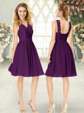High End Purple Empire Off The Shoulder Sleeveless Chiffon Knee Length Zipper Lace Prom Dress