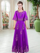 Sophisticated Floor Length Purple Homecoming Dress Scoop Half Sleeves Lace Up