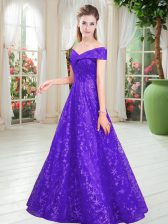 Custom Design Floor Length Lace Up Prom Evening Gown Purple for Prom and Party with Beading