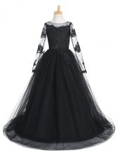 Classical Black Tulle Clasp Handle Pageant Dress for Girls Long Sleeves Brush Train Lace