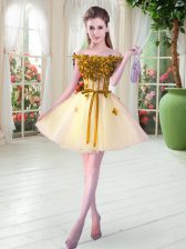Beautiful Beading and Appliques Prom Gown Yellow Lace Up Sleeveless Mini Length