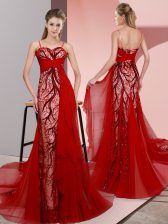 Red Dress for Prom Prom and Party with Beading and Lace Spaghetti Straps Sleeveless Sweep Train Lace Up