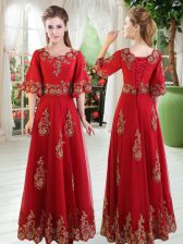  Red Lace Up Prom Party Dress Lace Half Sleeves Floor Length