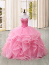 Glorious Pink Quinceanera Dress Tulle Sweep Train Sleeveless Beading and Ruffles