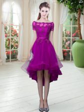 Super Tulle Off The Shoulder Short Sleeves Lace Up Appliques Prom Dresses in Purple