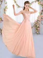 Eye-catching Floor Length Peach Quinceanera Dama Dress Scoop Sleeveless Lace Up