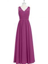  Floor Length Backless Homecoming Dress Fuchsia for Prom and Party and Military Ball with Lace and Ruching