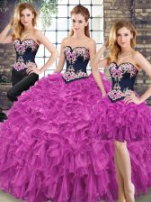  Fuchsia Organza Lace Up Ball Gown Prom Dress Sleeveless Floor Length Embroidery and Ruffles