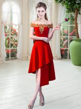 Modest Red Sleeveless Asymmetrical Appliques Zipper Prom Dress