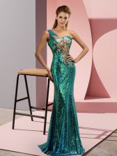 Glamorous Green Prom Party Dress One Shoulder Sleeveless Sweep Train Lace Up