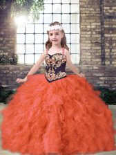 Excellent Orange Red Sleeveless Floor Length Embroidery and Ruffles Lace Up Glitz Pageant Dress