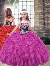 Most Popular Embroidery and Ruffled Layers Kids Formal Wear Fuchsia Lace Up Sleeveless Floor Length