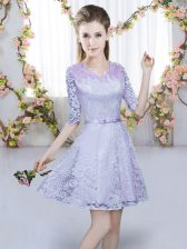 Flirting Lavender Zipper Court Dresses for Sweet 16 Belt Half Sleeves Mini Length
