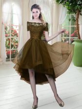 Adorable Brown Tulle Lace Up Off The Shoulder Short Sleeves High Low Homecoming Dress Lace