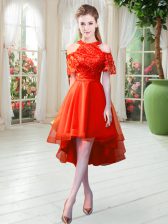  Rust Red Tulle Zipper High-neck Short Sleeves High Low Lace