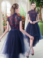 Dazzling Navy Blue Tulle Zipper Dress for Prom Short Sleeves High Low Lace