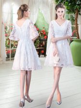 Best White Half Sleeves Knee Length Lace Zipper Prom Dress