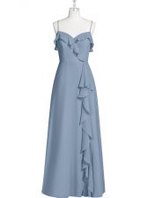  Blue Chiffon Zipper Spaghetti Straps Sleeveless Floor Length Dress for Prom Ruching