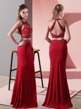 Sweet Red Backless Halter Top Beading Prom Party Dress Elastic Woven Satin Sleeveless
