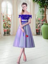 Delicate Lavender Tulle Lace Up Prom Party Dress Sleeveless Tea Length Appliques