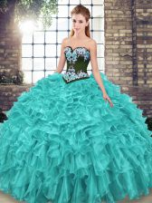 Custom Fit Organza Sleeveless Sweet 16 Quinceanera Dress Sweep Train and Embroidery and Ruffles