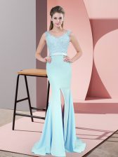 Discount Sweep Train Mermaid Prom Dress Blue V-neck Chiffon Sleeveless Zipper