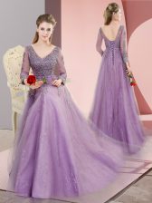  Long Sleeves Beading and Appliques Lace Up with Lavender Sweep Train