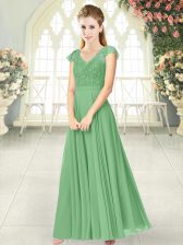  Empire Prom Dresses Green V-neck Chiffon Cap Sleeves Ankle Length Zipper