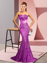  Sweetheart Sleeveless Prom Evening Gown Sweep Train Beading Purple Sequined