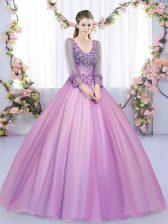 Glittering Lilac Long Sleeves Tulle Lace Up 15 Quinceanera Dress for Military Ball and Sweet 16 and Quinceanera