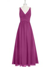 Exceptional Fuchsia Empire V-neck Sleeveless Chiffon Floor Length Zipper Ruching Prom Dresses