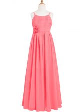 Admirable Chiffon Scoop Sleeveless Zipper Pleated and Hand Made Flower Prom Evening Gown in Watermelon Red