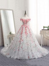 Captivating White Off The Shoulder Lace Up Appliques Quinceanera Gown Brush Train Sleeveless