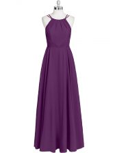  Sleeveless Chiffon Floor Length Zipper Dress for Prom in Eggplant Purple with Ruching