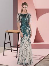  Half Sleeves Floor Length Sequins Zipper Prom Evening Gown with Green
