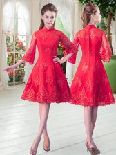 Glamorous Red Zipper Prom Gown Lace 3 4 Length Sleeve Knee Length