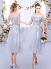  Grey Half Sleeves Lace Tea Length Quinceanera Court of Honor Dress